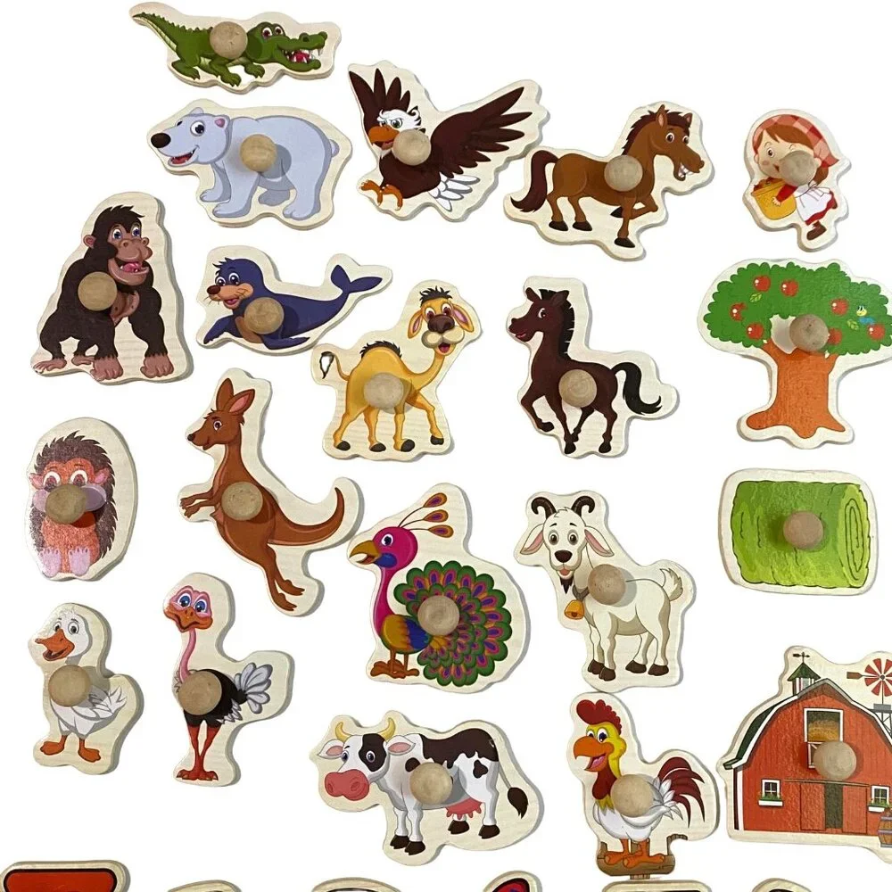 Preschool Wooden Puzzle Piece with Knobs Lot of‎ 38 Crafting DIY Decor Tactile